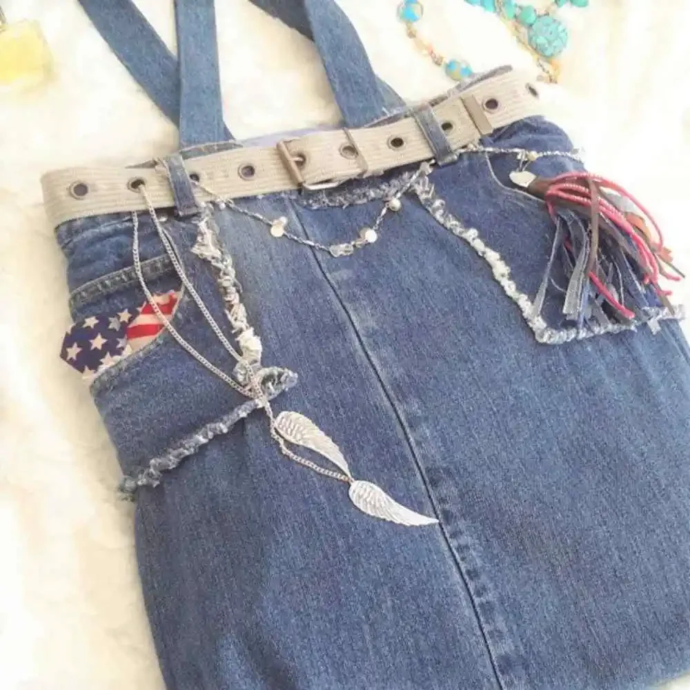 PATRIOTIC Denim Tote BEACH BAG w SILVER Chains Fancy‎ Tassel Travel Weekend